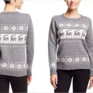 POL Anthropologie Women Reindeer Sweater Top Long Sleeve Crew Gray Cotton Medium